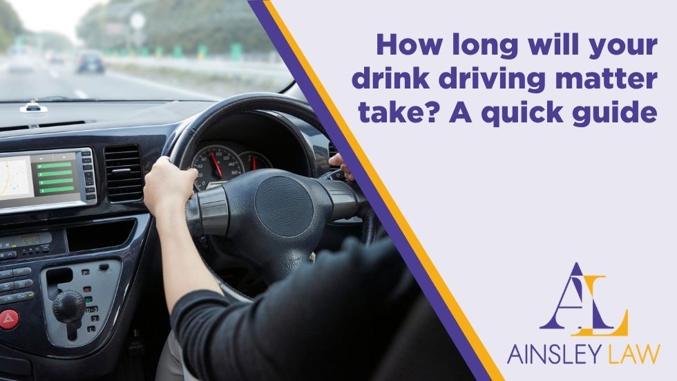 Text: Driver holding a steering wheel inside a car illustrating the timeline and legal process of a drink driving case.